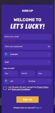 Let’s Lucky Casino regstration screenshot