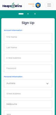 Heaps O Wins Casino sign up screenshot