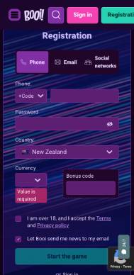 Booi Casino registration screenshot
