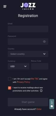 Jozz Casino registration screenshot