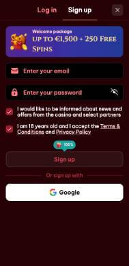 SpinoGambino Casino signup screenshot