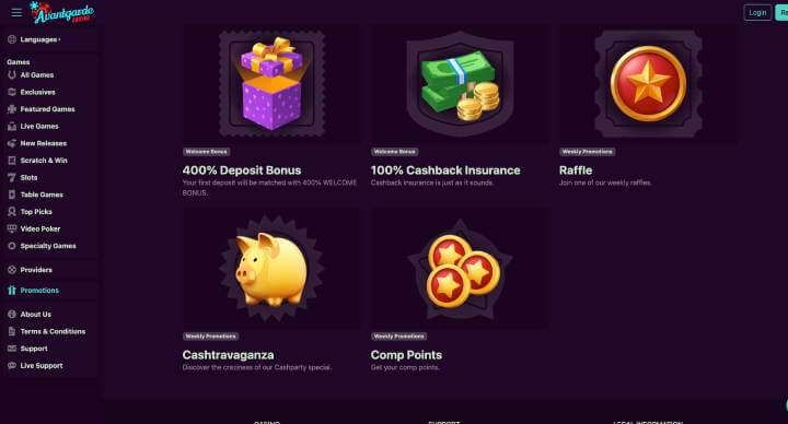 Avantgarde Casino promotions screenshot
