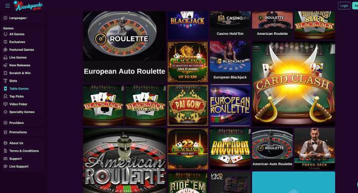 Avantgarde Casino table games desktop screenshot