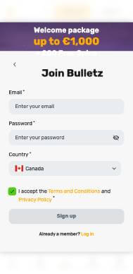 Bulletz Casino mobile signup screenshot