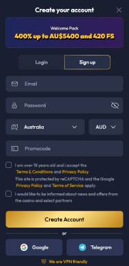 Gangsta Casino registration screenshot