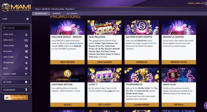 Miami Club Casino promotions screenshot