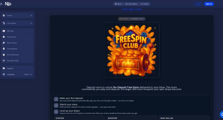 SlotNeo Casino free spin club screenshot